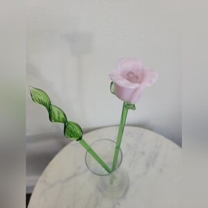 Glass Decor Pink Rose with Leaf Accent Small Glass Vase Included